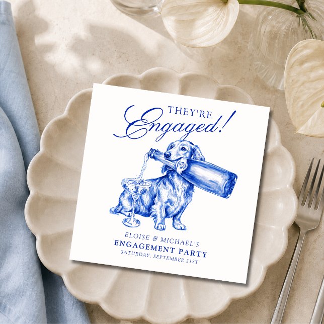 Elegant blå chinoiserie-doxie förlovning pappersservett (Elegant Blue Chinoiserie Dachshund Engagement Napkins)