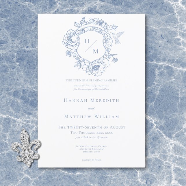 Elegant blå chinoiserie Fågel & vapen Wedding Inbjudningar (Elegant Blue Chinoiserie Bird & Crest Wedding Invitation)
