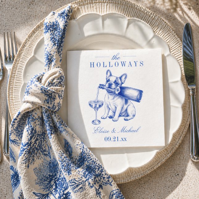 Elegant blå chinoiserie fransk bulldog bröllop pappersservett (Elegant Blue Chinoiserie French Bulldog Wedding Napkins)