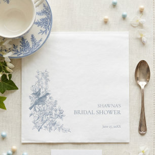Elegant Blå Chinoiserie Natur Fågel Bröllopsdusch Pappersservett