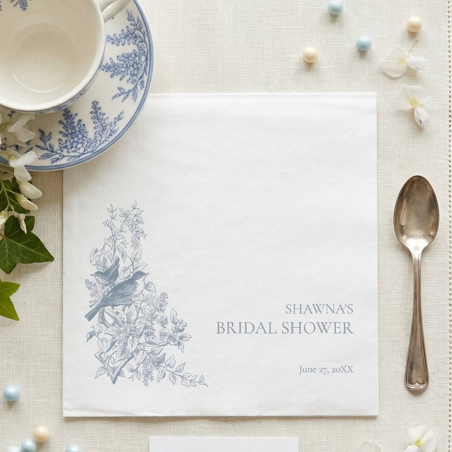 Elegant Blå Chinoiserie Natur Fågel Bröllopsdusch Pappersservett (Skapare uppladdad)