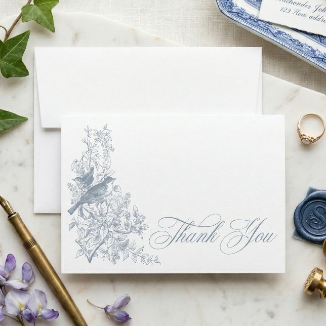 Elegant Blå Chinoiserie Natur Fågel Bröllopsdusch Tack Kort (Skapare uppladdad)