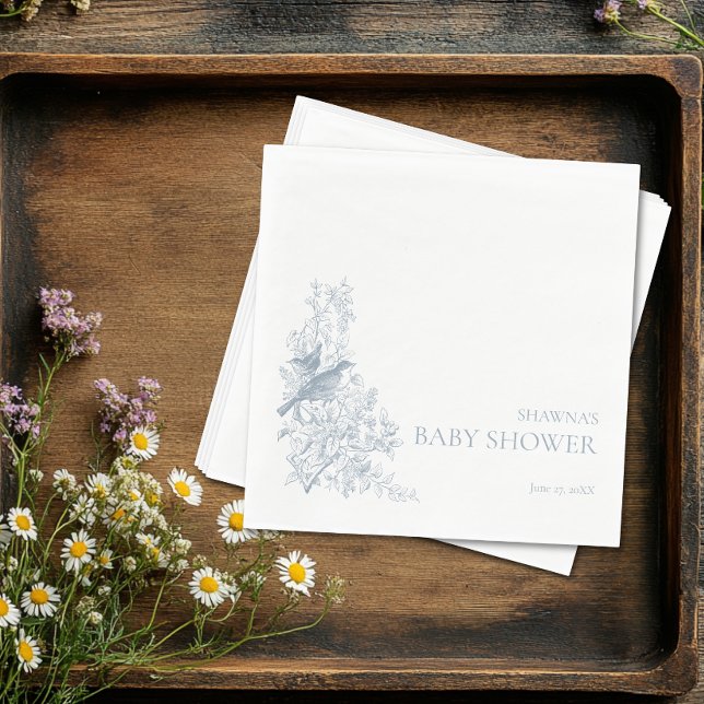Elegant blå chinoiserie natur fåglar baby shower pappersservett (Elegant Blue Chinoiserie Nature Birds Baby Shower Napkins)