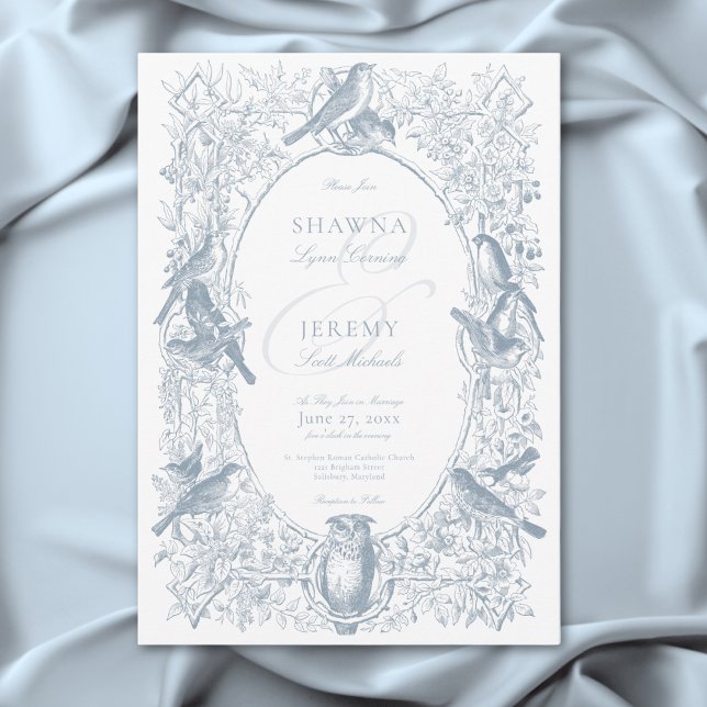 Elegant Blå Chinoiserie Natur & Fåglar Bröllop Inbjudningar (Elegant Blue Chinoiserie Nature & Birds Wedding Invitation)