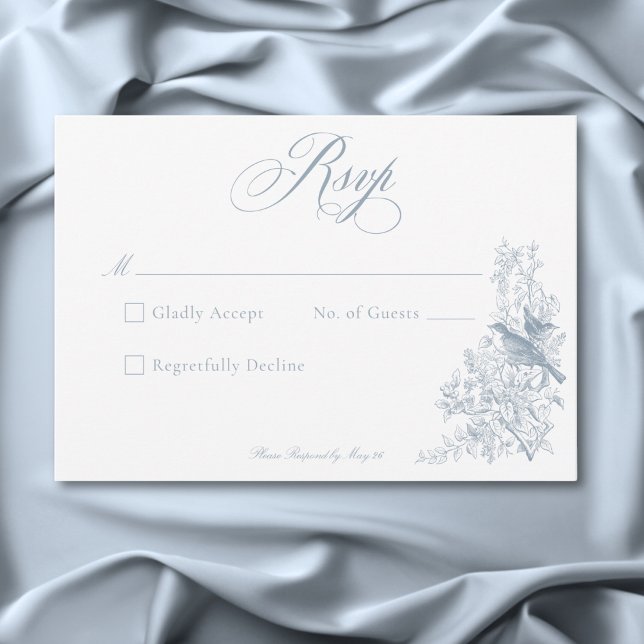 Elegant Blå Chinoiserie Natur & Fåglar Bröllop OSA Kort (Elegant Blue Chinoiserie Nature & Birds Wedding RSVP Card)