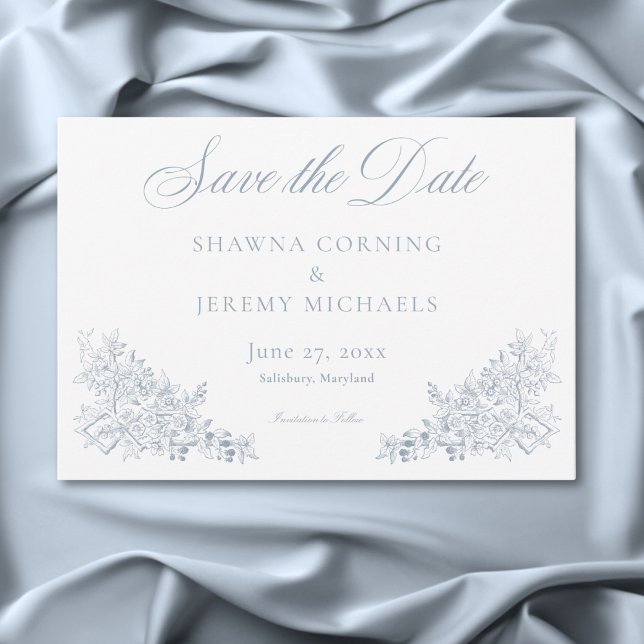 Elegant Blå Chinoiserie Natur & Fåglar Bröllop Spara Datumet (Elegant Blue Chinoiserie Nature & Birds Wedding Save The Date)