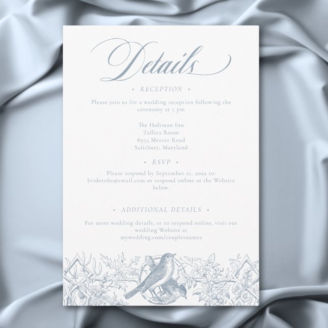 Elegant Blå Chinoiserie Natur & Fåglar Bröllop Tilläggskort (Elegant Blue Chinoiserie Nature & Birds Wedding Enclosure Card)