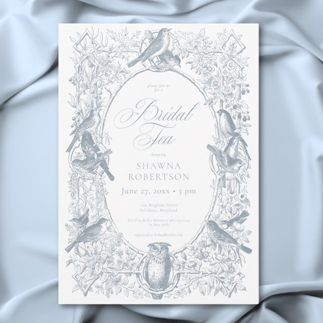 Elegant Blå Chinoiserie Natur Fåglar Bröllops Te Inbjudningar (Elegant Blue Chinoiserie Nature Birds Bridal Tea Invitation)