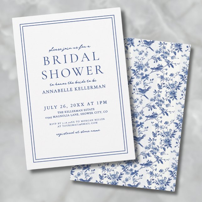 Elegant blå chinoseriefågel Blommig bröllopsdusch Inbjudningar (Elegant Blue Chinoserie Bird Floral Bridal Shower Invitation)