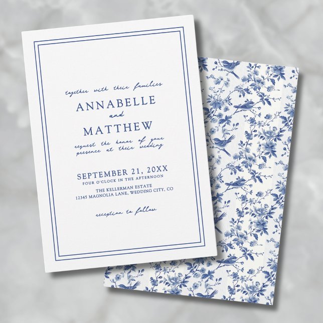 Elegant blå chinoseriefågel blomsterbröllop inbjudningar (Elegant Blue Chinoserie Bird Floral Wedding Invitation)