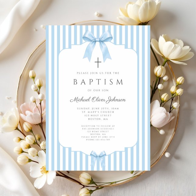 Elegant blå coquette slingor pojke dop inbjudningar (Elegant Blue Coquette Bows Boy Baptism Invitation)