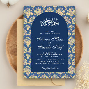 Elegant blå damask arabisk båge islamisk bröllop inbjudningar