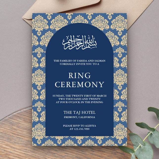 Elegant blå damastbåge islamsk förlovning inbjudningar (Skapare uppladdad)