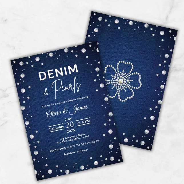 Elegant Blå Denim och Pärlor Bröllopsfest Inbjudningar (Elegant Blue Denim and Pearls Couple's Shower Invitation     )