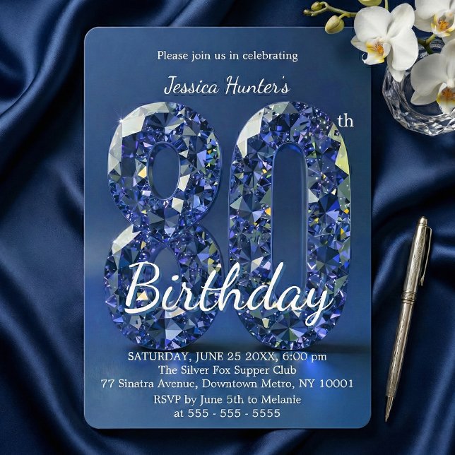 Elegant blå diamant ädelsten Glam 80-årsdag Inbjudningar (Skapare uppladdad)