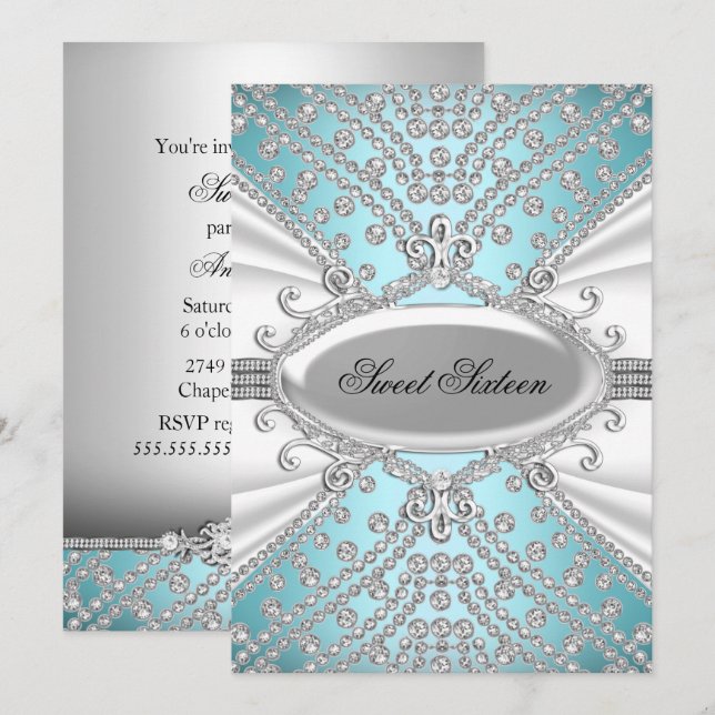 Elegant Blå Diamant Sweet 16 Festinladning Inbjudningar (Fram/baksida)