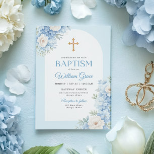 Elegant blå dopinbjudan med blomdesign inbjudningar