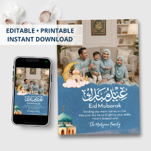 Elegant Blå Eid Mubarak Familjefoto Semestkort Julkort