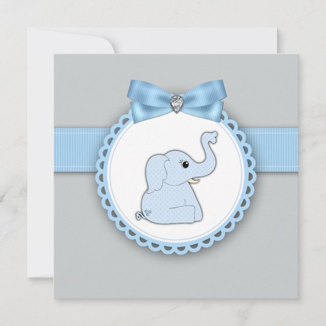 Elegant Blå Elefant Baby Shower Inbjudningar (Framsida)