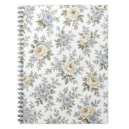 Elegant Blå & Elfenbensfärgad Blommig Anteckningsbok