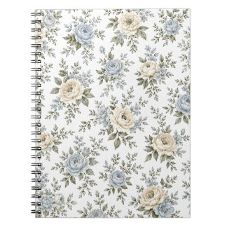 Elegant Blå & Elfenbensfärgad Blommig Anteckningsbok