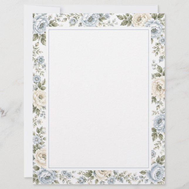 Elegant Blå & Elfenbensfärgad Blommig Brevhuvud (Framsida)