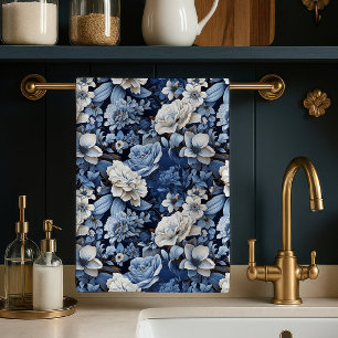 Elegant blå elfenbensfärgad blomstermotiv lyxig kö kökshandduk