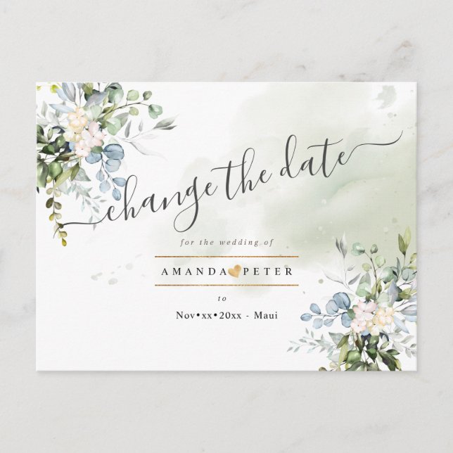 Elegant blå eukalyptusblad ändra datum vykort (Framsida)