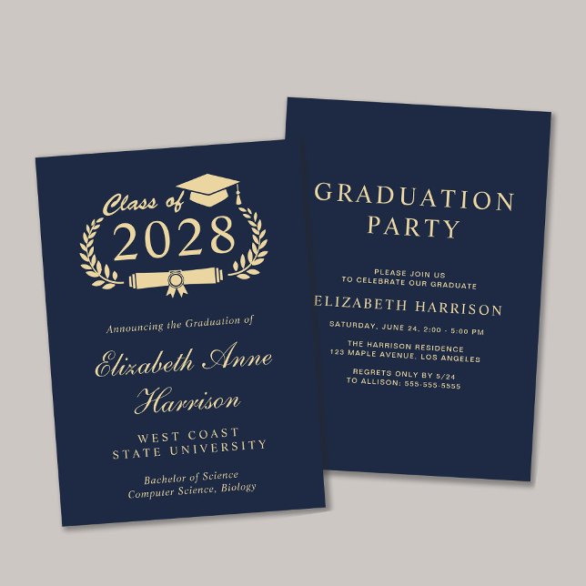 Elegant blå examensfest för högskola med skrivstil inbjudningar (An elegant college graduation party invitation to celebrate the graduate's achievements)