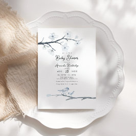 Elegant Blå Fågel och Körsbärsblommande Baby Showe Inbjudningar