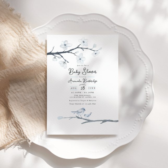 Elegant Blå Fågel och Körsbärsblommande Baby Showe Inbjudningar (Elegant Blue Bird and Cherry Blossom Baby Shower Invitation)
