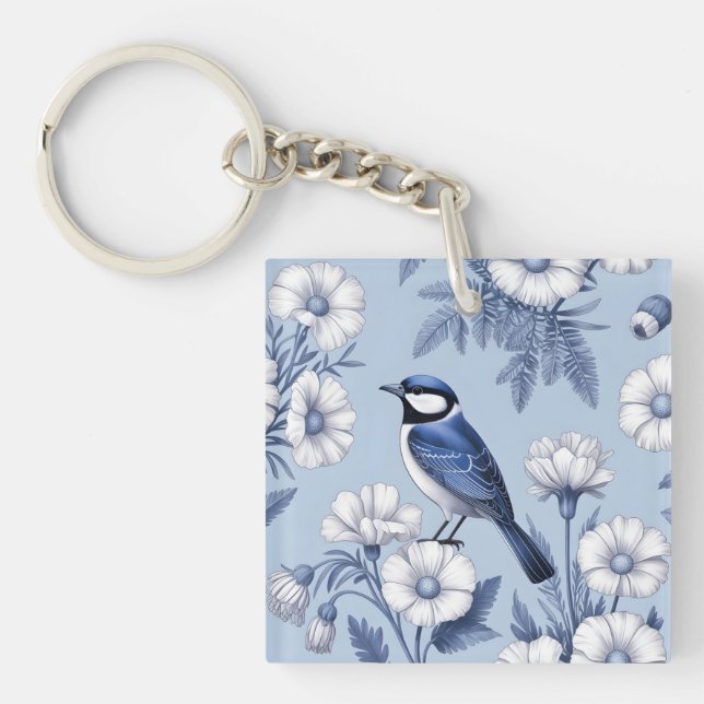 Elegant Blå Fågel och Vit Blommig Mönster (Framsidan)