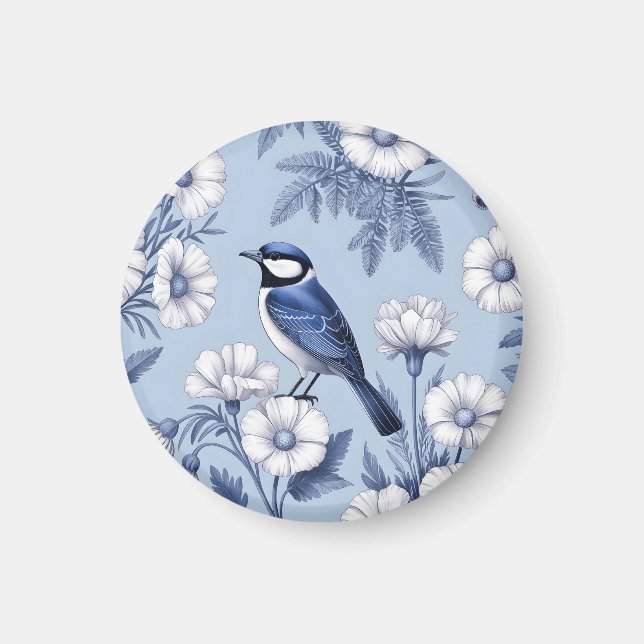 Elegant Blå Fågel och Vit Blommig Mönster Magnet (Framsidan)