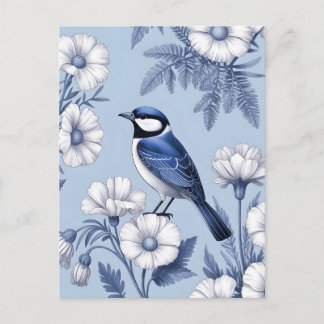 Elegant Blå Fågel och Vit Blommig Mönster Vykort