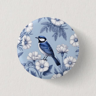 Elegant blå fågel och vit blomsterdesign knapp