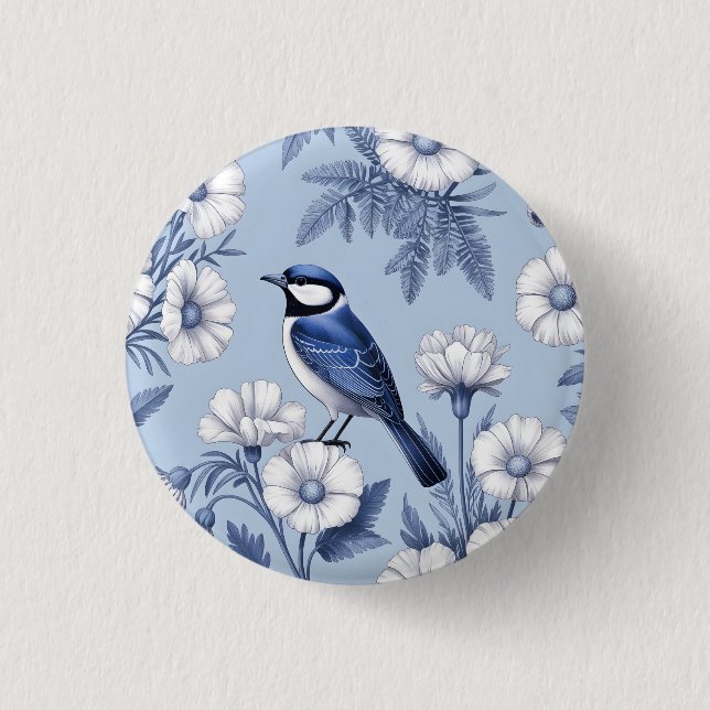 Elegant blå fågel och vit blomsterdesign knapp (Framsida)