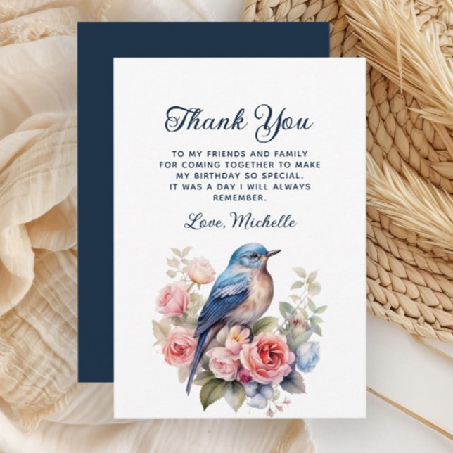 Elegant blå fågel rosa blommor födelsedag tack kort (Blue bird and pink floral birthday party Thank You card)