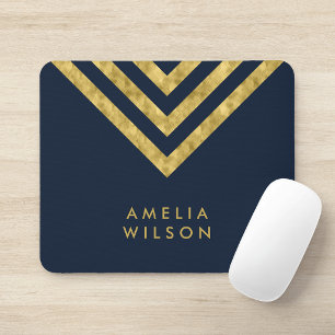 Elegant Blå Falskt Guld Namn Chevron Geometrisk Musmatta