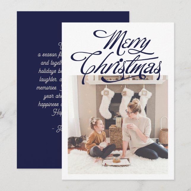 Elegant Blå Familjefoto Semester Julkort (Fram/baksida)