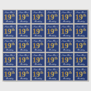 Elegant, blå, faux Guld 19:e födelsedagen + Namn Presentpapper