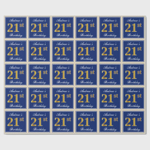 Elegant, blå, faux Guld 21:a födelsedag + Namn Presentpapper