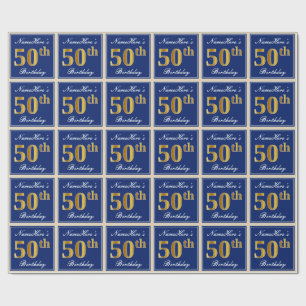 Elegant, blå, faux Guld 50:e födelsedagen + Namn Presentpapper