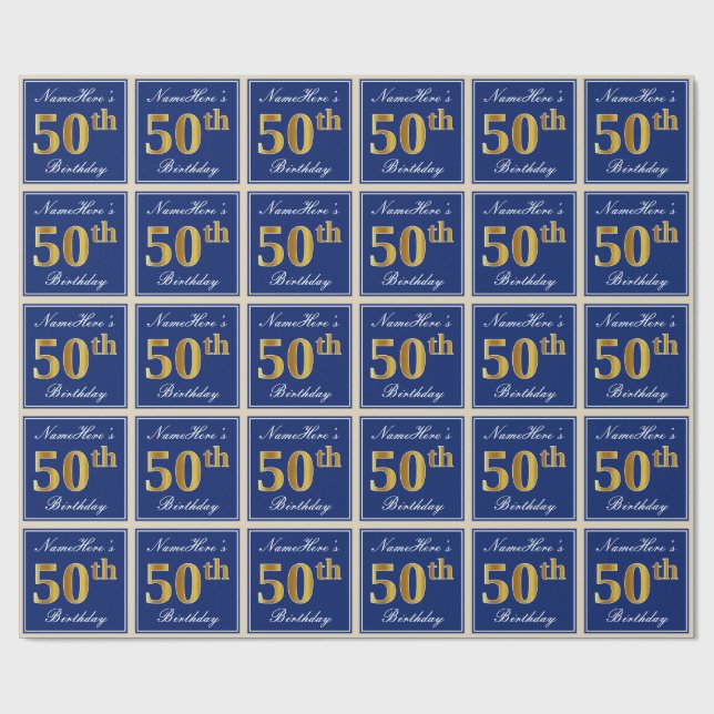Elegant, blå, faux Guld 50:e födelsedagen + Namn Presentpapper (Platt)