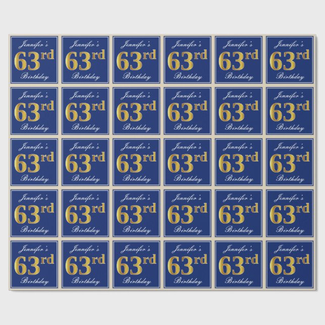 Elegant, blå, faux Guld 63:e födelsedagen + Namn Presentpapper (Platt)