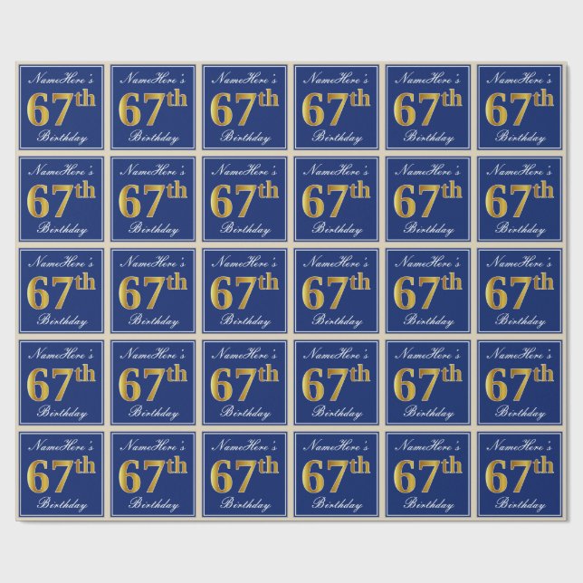 Elegant, blå, faux Guld 67:e födelsedagen + Namn Presentpapper (Platt)