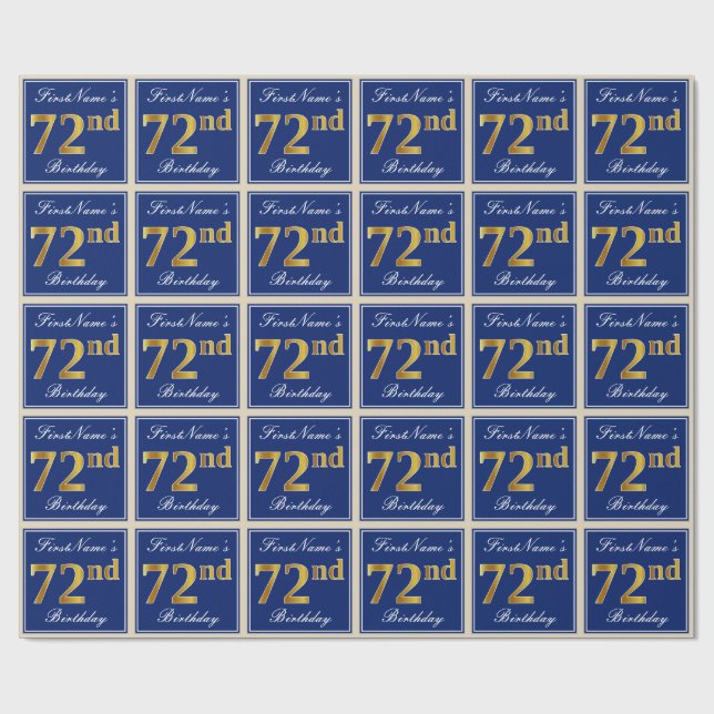 Elegant, blå, faux Guld 72:a födelsedagen + Namn Presentpapper (Platt)