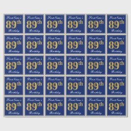 Elegant, blå, faux Guld 89:e födelsedagen + Namn Presentpapper