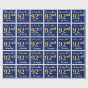 Elegant, blå, faux Guld 92:a födelsedagen + Namn Presentpapper