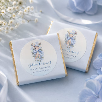 Elegant Blå Fawn Bebis Shower Runt Klistermärke