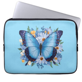 Elegant blå fjäril på blommor laptop fodral